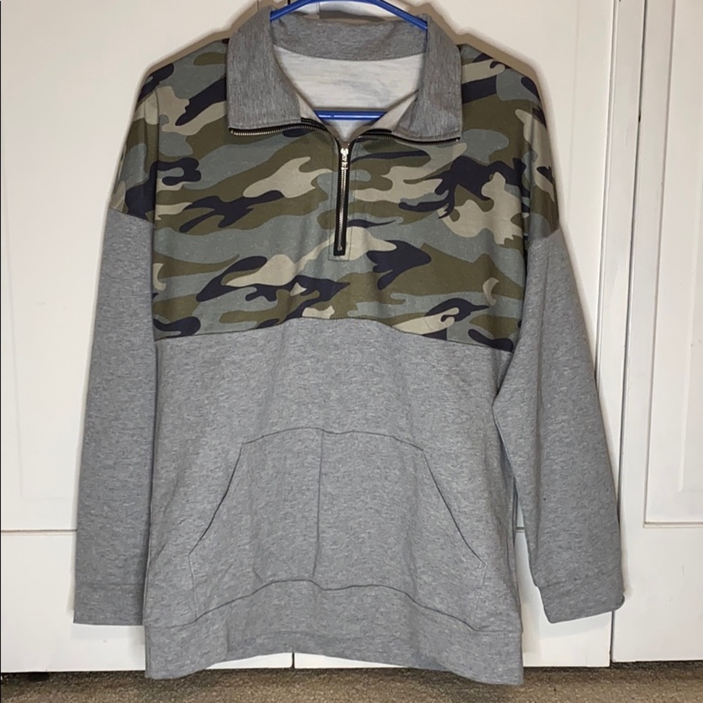 Light grey and camo quarter zip sweatshirt